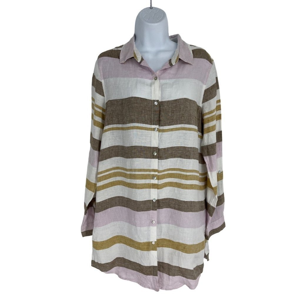 Rachel Zoe Women's Ivory Brown Mustard Pink Stripe Linen Tunic Shirt Size M